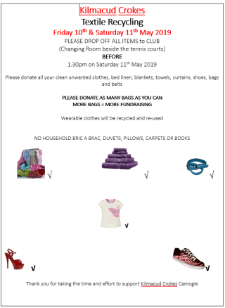 Kilmacud Crokes Textile Recycling May 10th / 11th