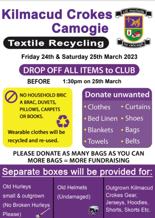 Kilmacud Crokes Camogie Textile Recycling  Friday / Saturday 24th and 25th March